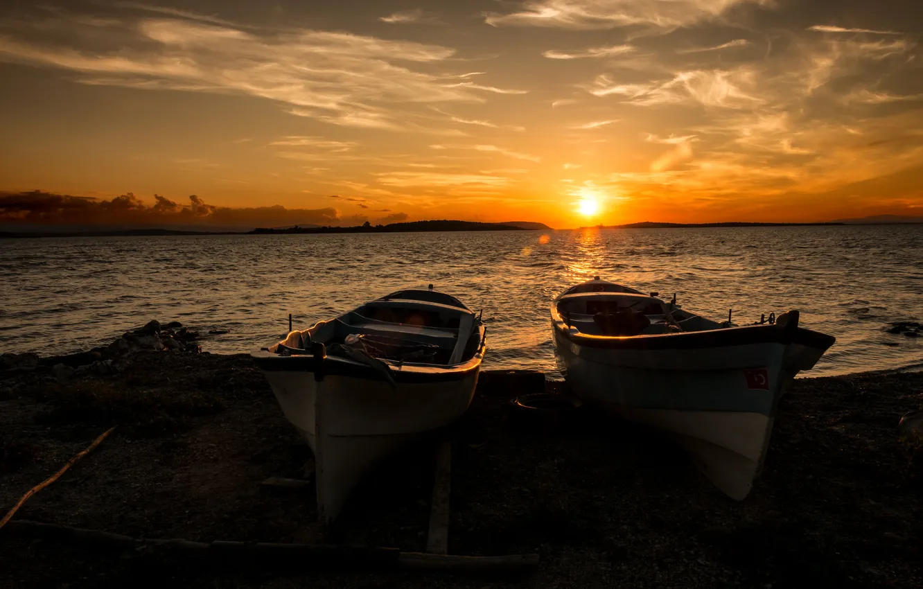 Photo wallpaper the sky, sunset, shore, boat, twilight, pond