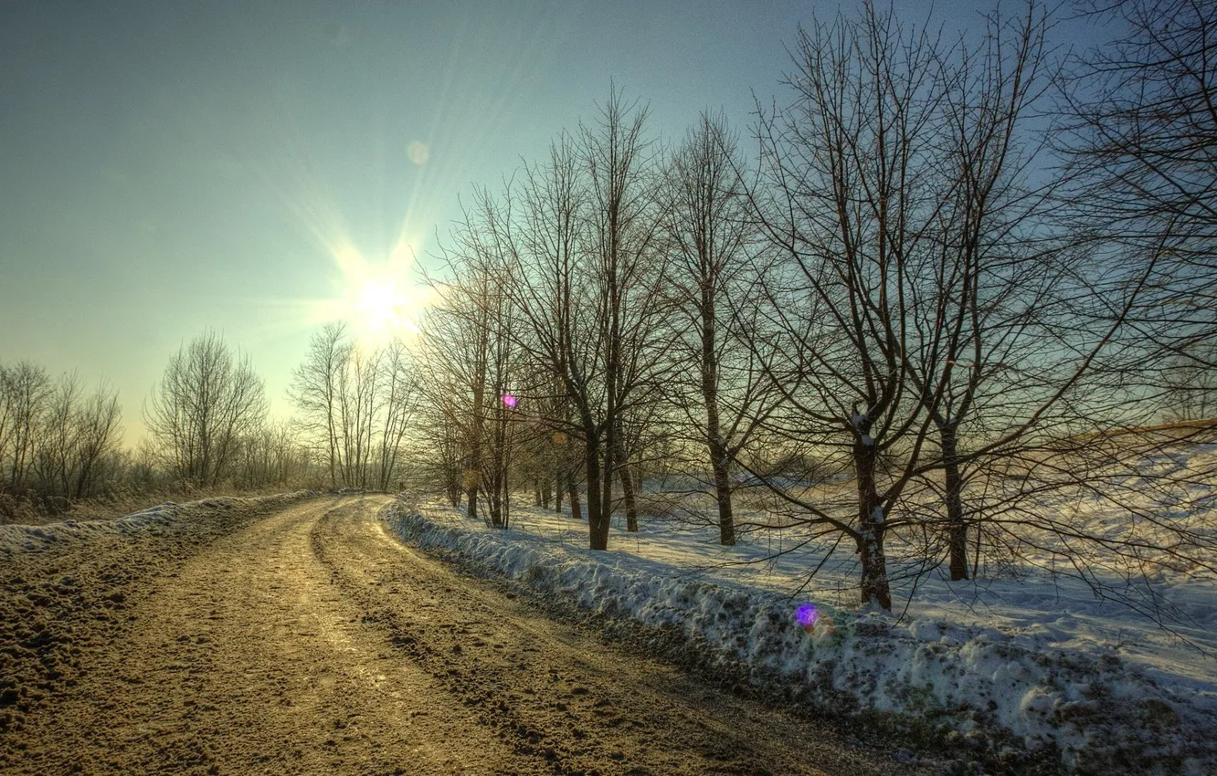 Photo wallpaper road, the sun, snow, trees, Winter, dirt