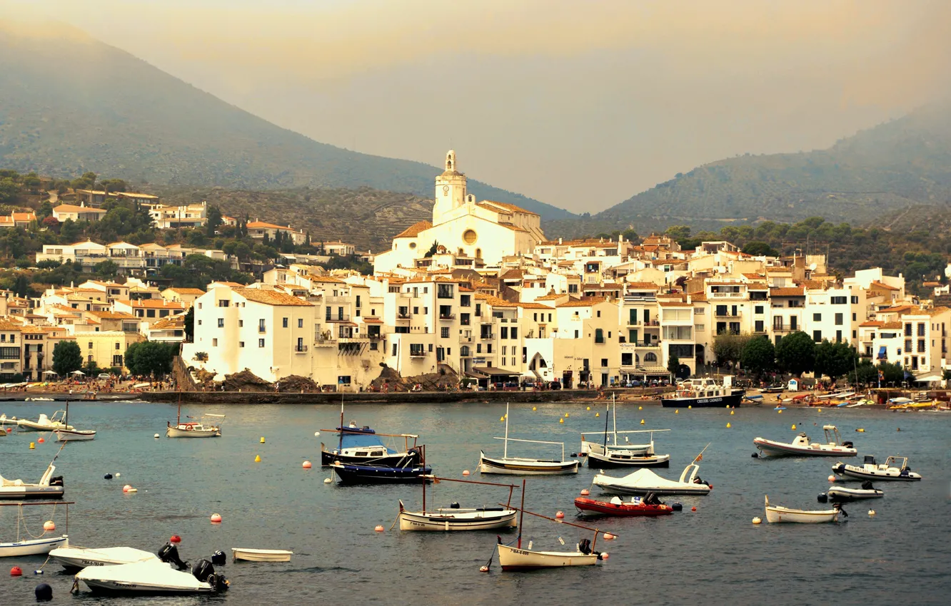 Photo wallpaper sea, landscape, mountains, the city, home, yachts, boats, Spain