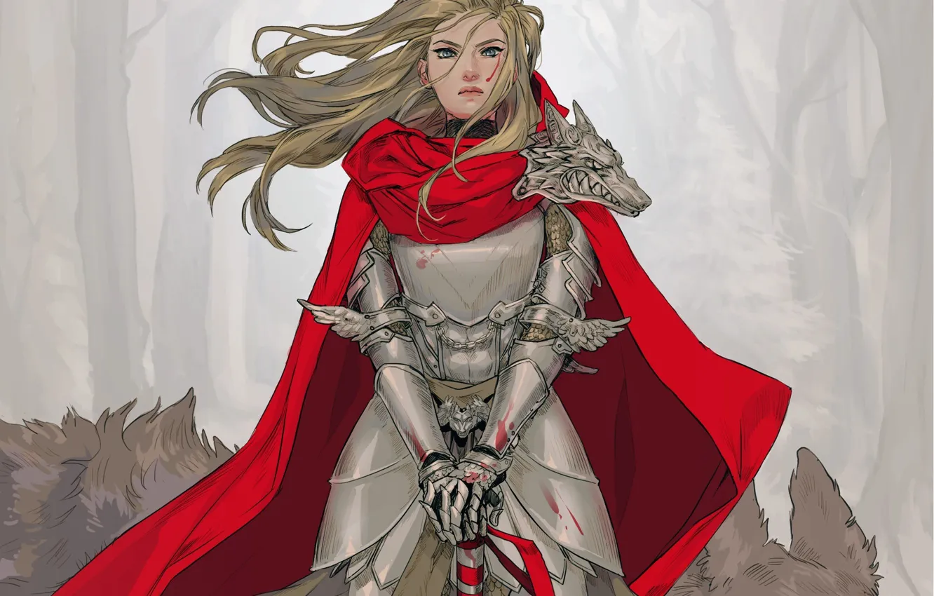 Photo wallpaper look, girl, red, sword, armor, art, cloak