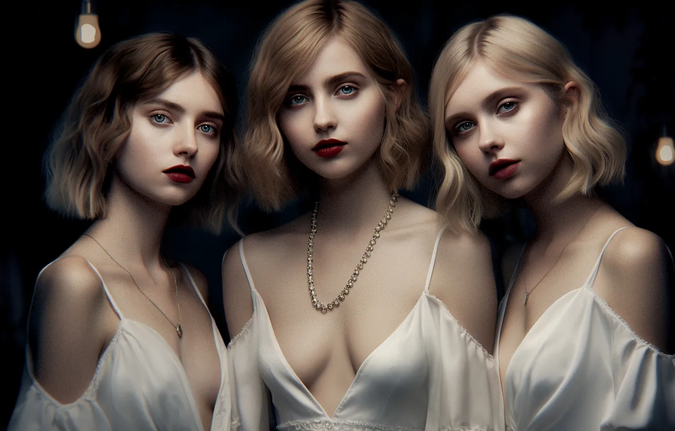 Photo wallpaper sisters, Rus, Kare, look, art, three girls, negligee, digital painting