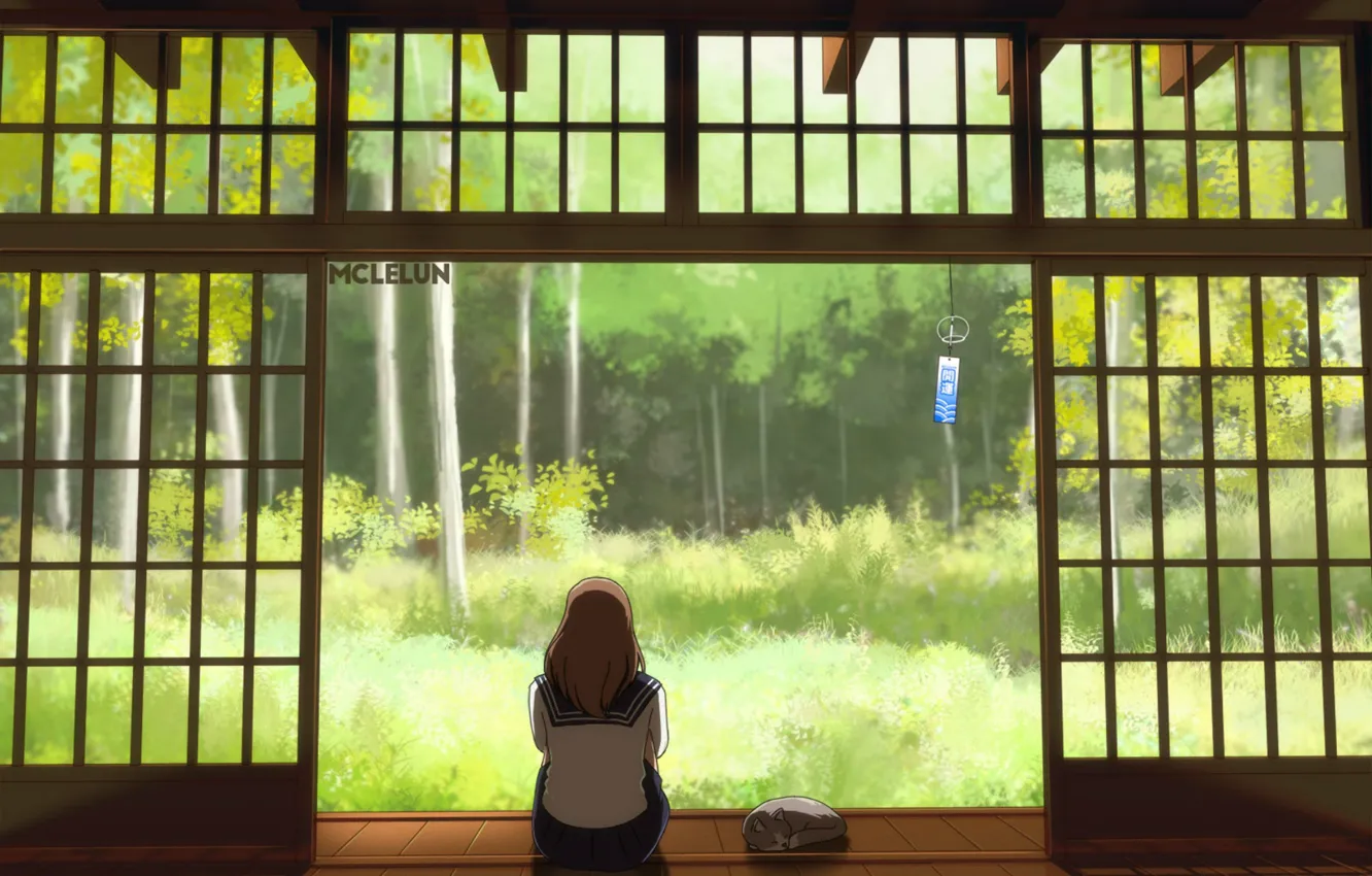 Photo wallpaper greens, summer, back, silence, sleeping, schoolgirl, bells, sitting