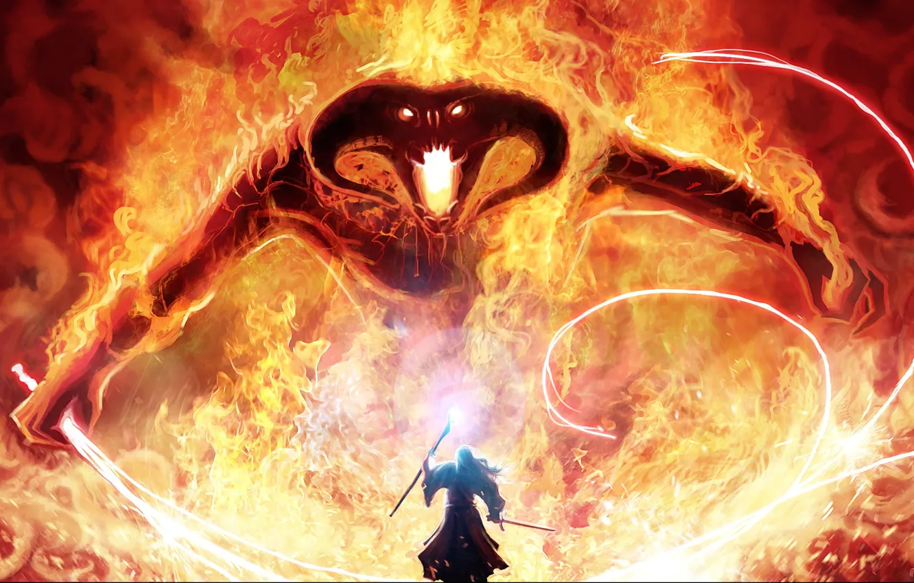 Photo wallpaper magic, monster, sword, the Lord of the rings, art, MAG, staff, Balrog