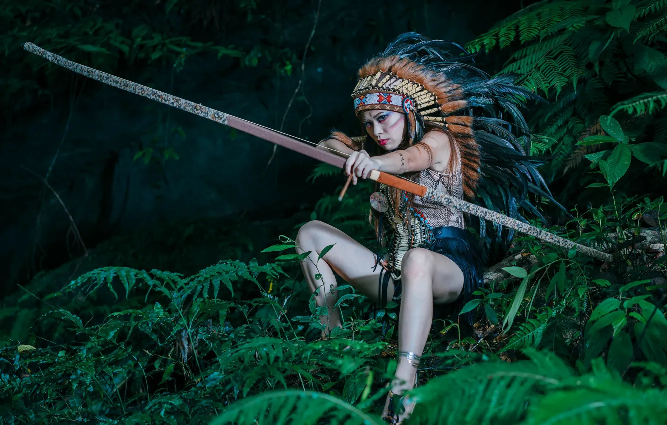 Photo wallpaper look, nature, face, style, feathers, bow, Asian, arrows
