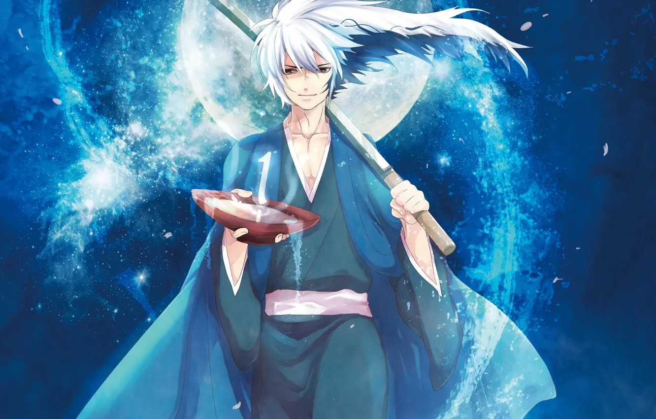 Photo wallpaper water, night, weapons, the moon, katana, anime, art, guy