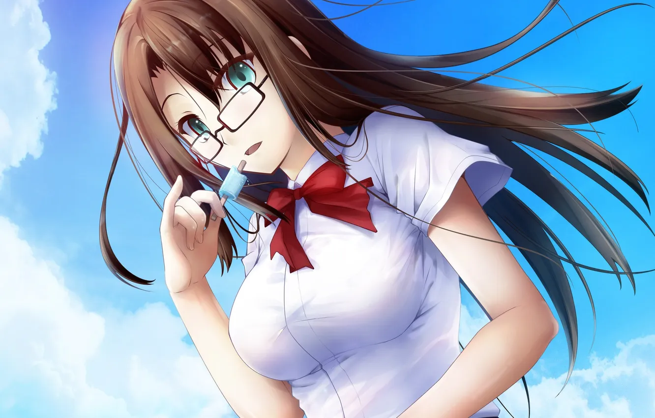 Photo wallpaper look, girl, surprise, glasses, ice cream, schoolgirl, art, at the age takuma
