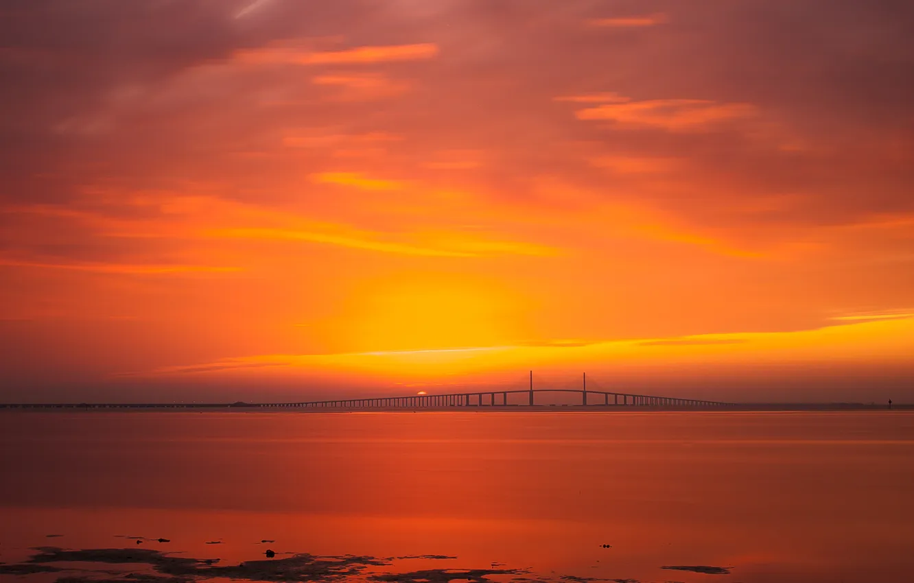 Photo wallpaper bridge, the ocean, dawn, Florida, Skyway Bridge, Fort de Soto
