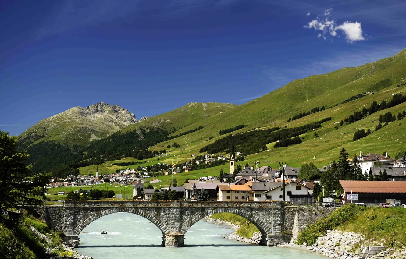 Photo wallpaper mountains, bridge, river, stones, home, Switzerland, slope, town