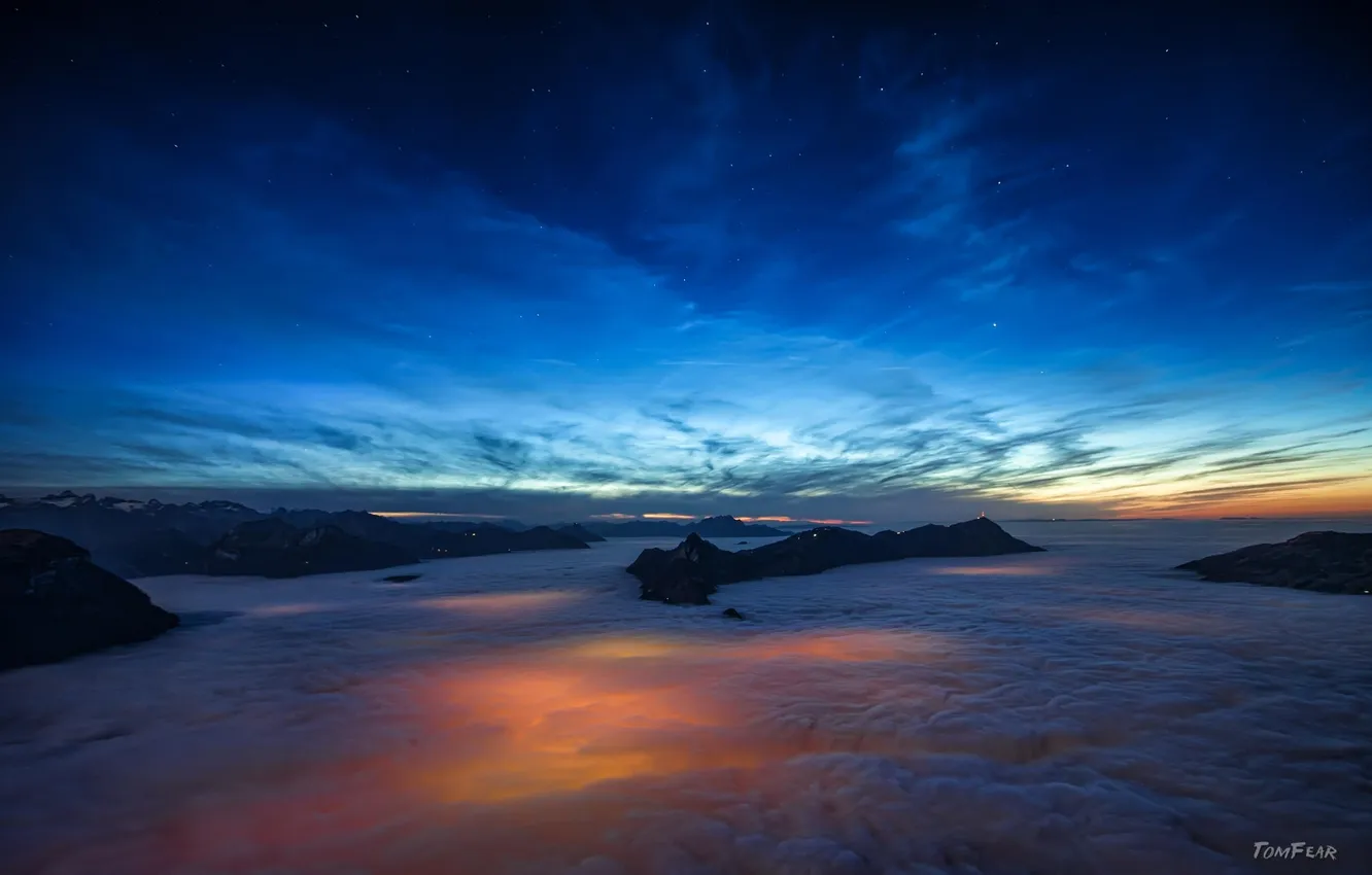 Photo wallpaper the sky, stars, sunset, mountains, height, the evening, glow, twilight