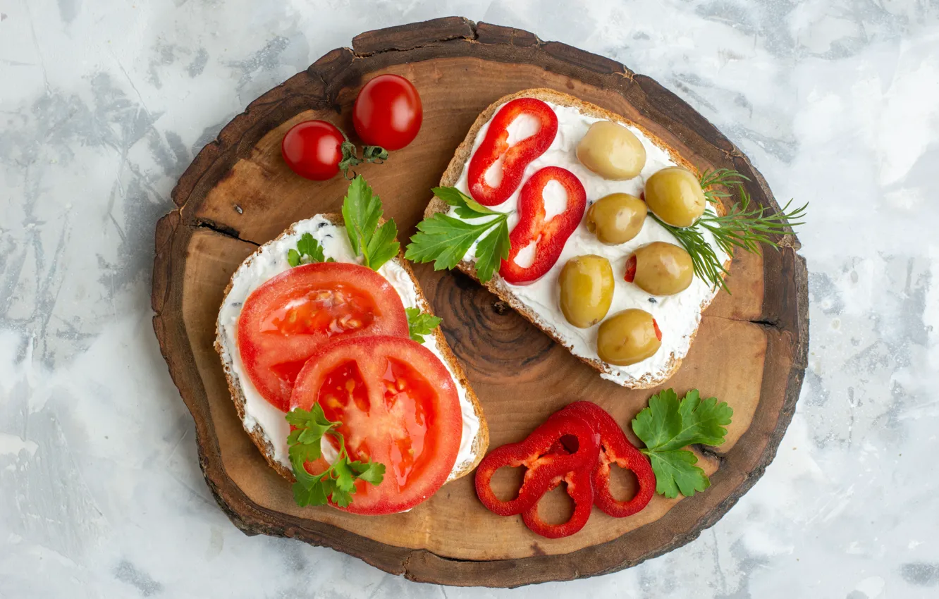 Photo wallpaper stand, wood, sandwiches