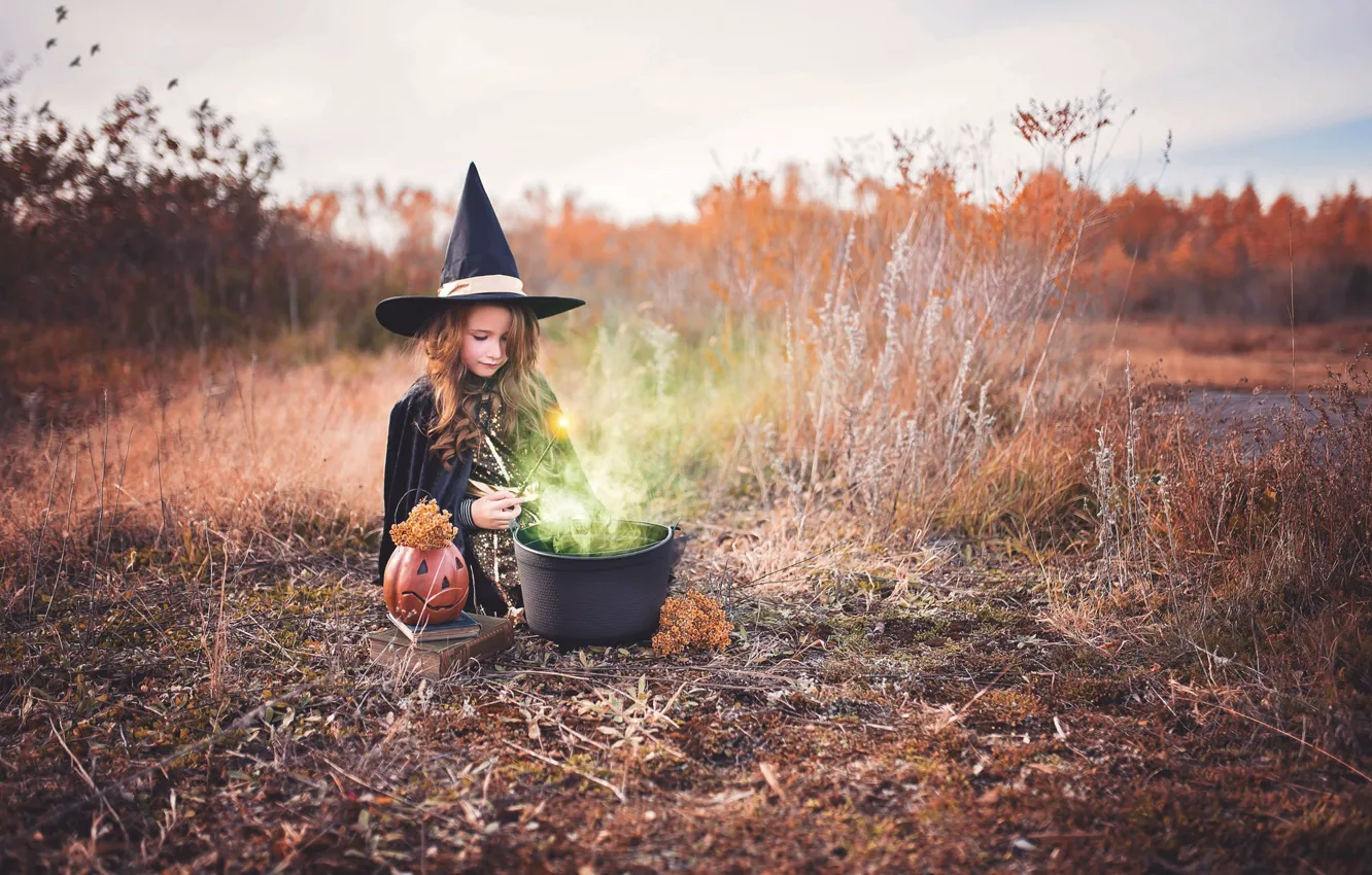 Photo wallpaper autumn, girl, witch, Halloween, potion