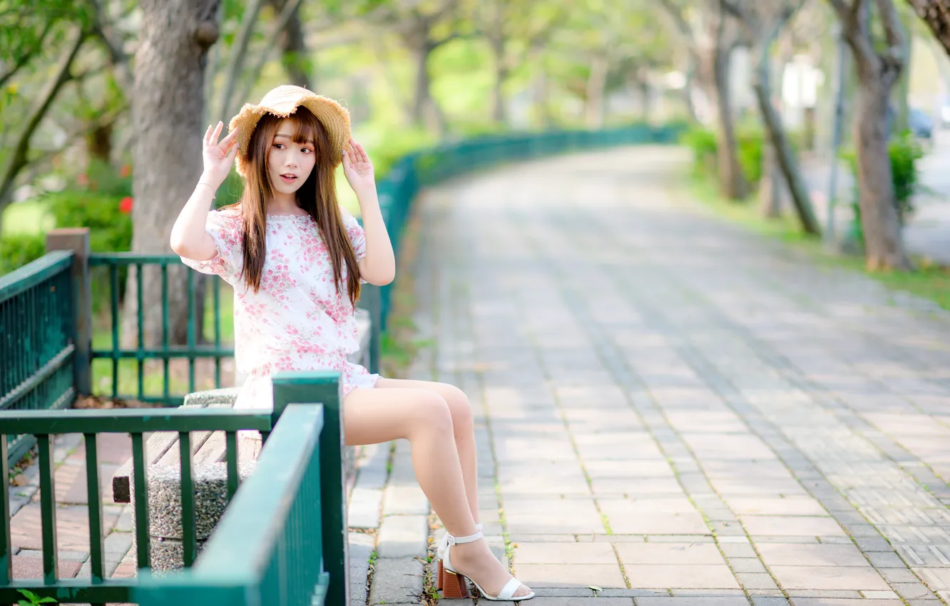 Photo wallpaper girl, sweetheart, dress, legs, Asian, sitting, bokeh