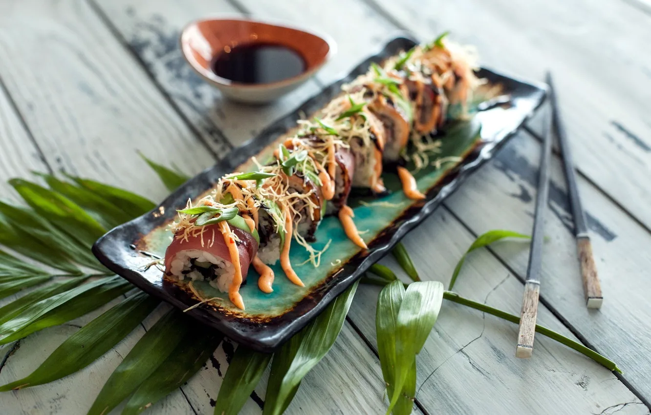 Photo wallpaper food, fish, sticks, sauce, sushi, rolls, seafood