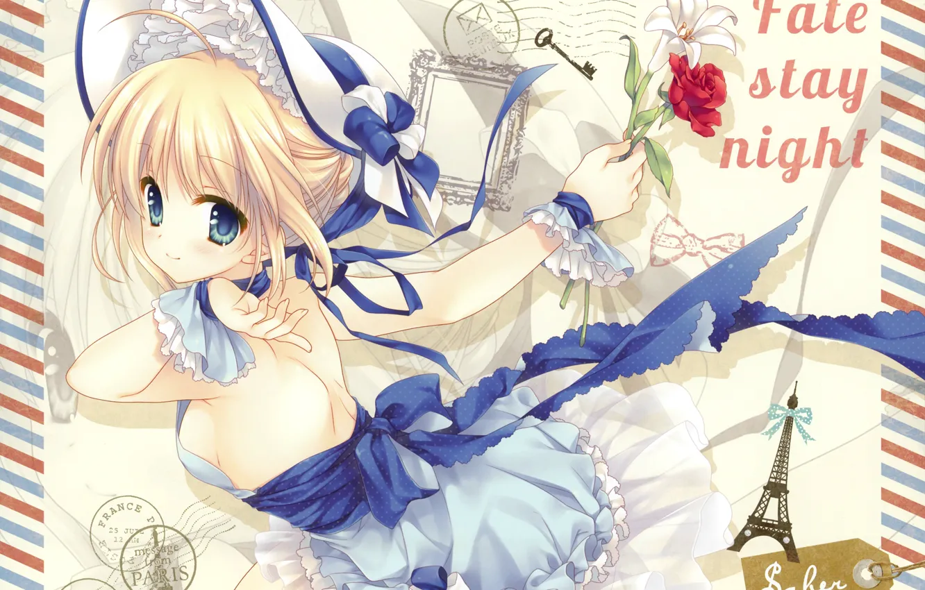 Photo wallpaper girl, flowers, Lily, dress, hat, the saber, Artoria Pendragon, Fate stay night