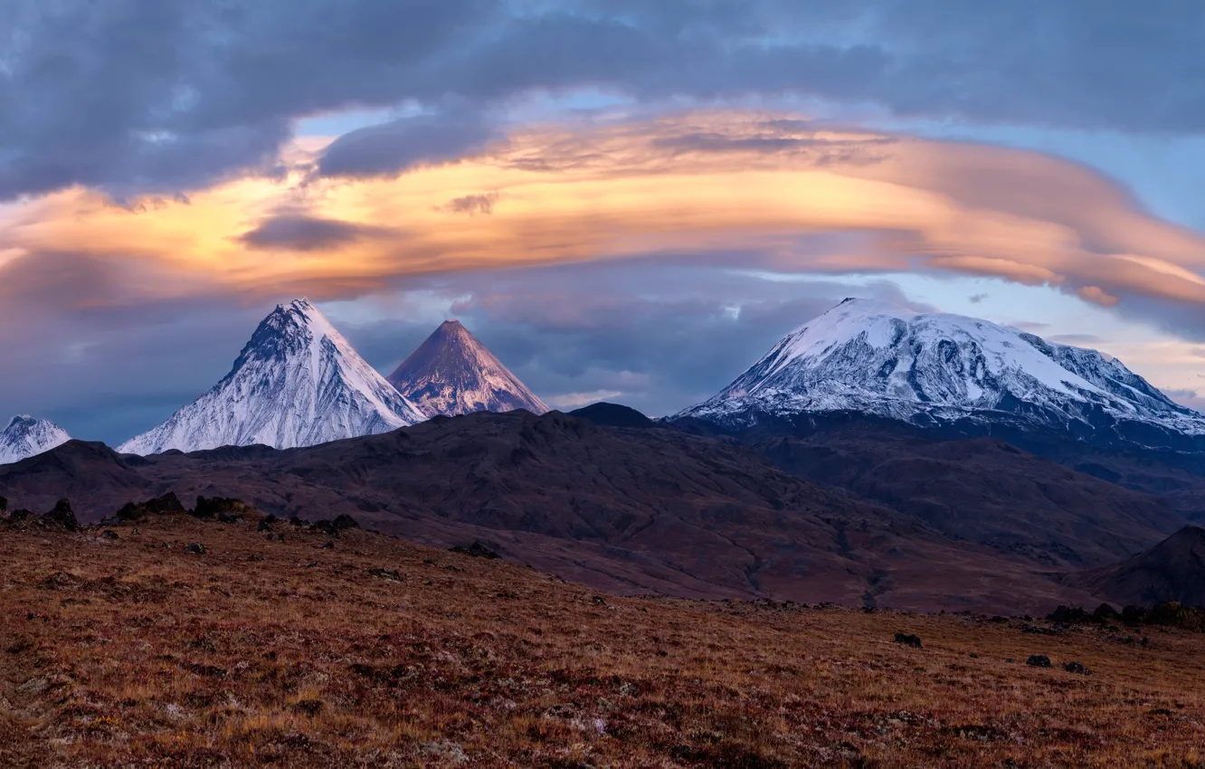 Photo wallpaper the sky, clouds, mountains, nature, tops, the volcano, snow