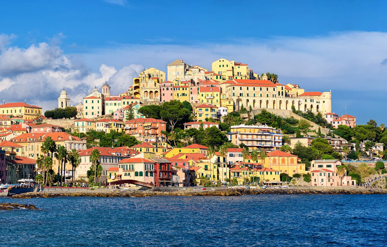 Photo wallpaper sea, the sky, the sun, clouds, trees, stones, coast, home