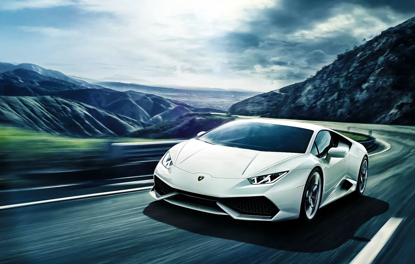 Photo wallpaper Lamborghini, Front, Mountain, White, Road, Supercar, Huracan, LP640-4