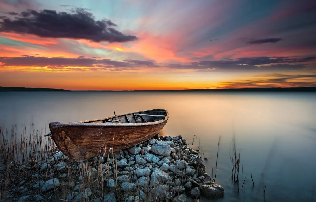 Photo wallpaper the sky, clouds, landscape, sunset, nature, lake, stones, shore