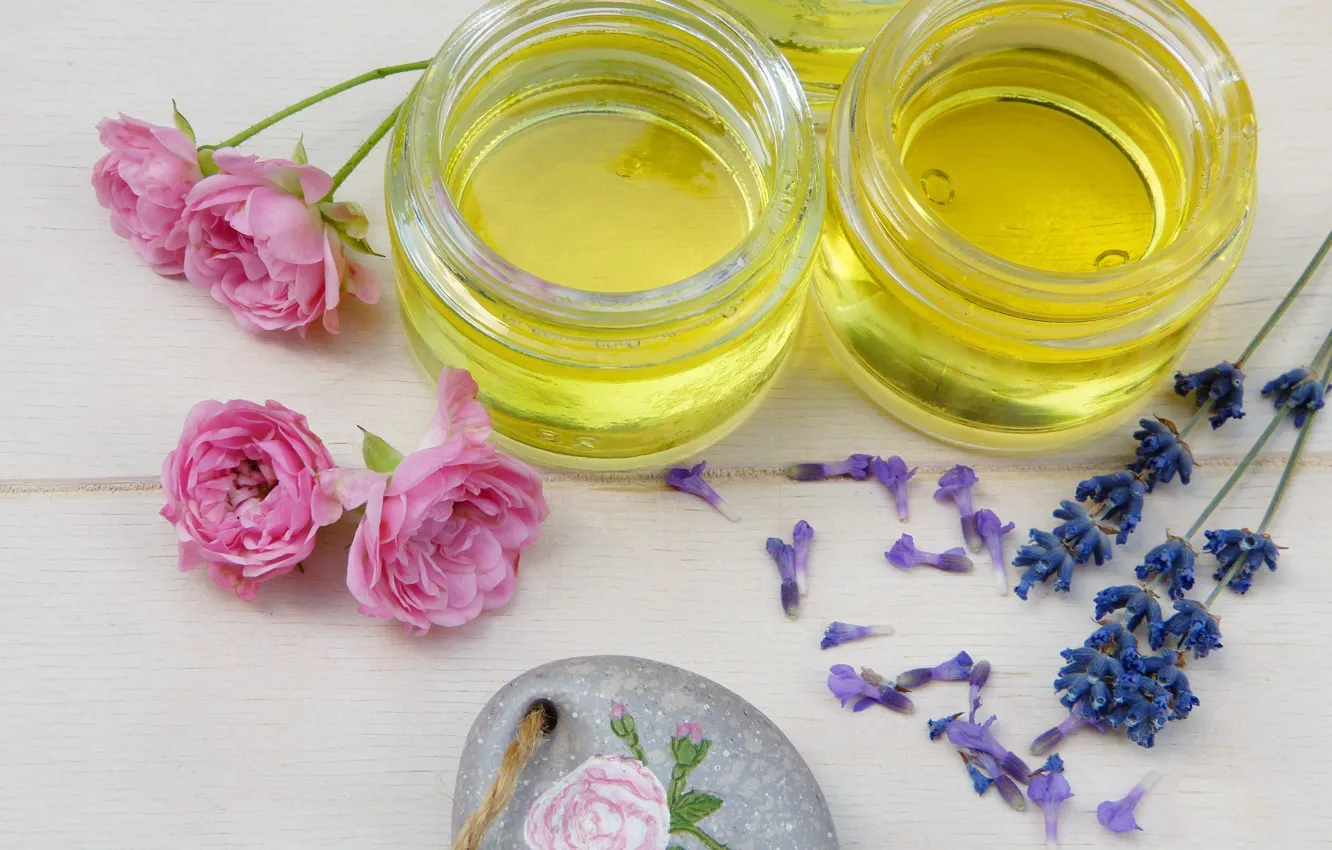 Photo wallpaper oil, roses, jars, lavender, Spa, aromatherapy
