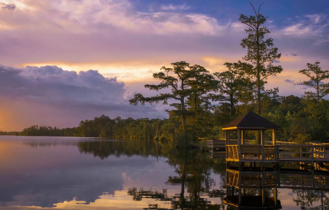 Photo wallpaper the sky, trees, sunset, lake, dawn, the bridge