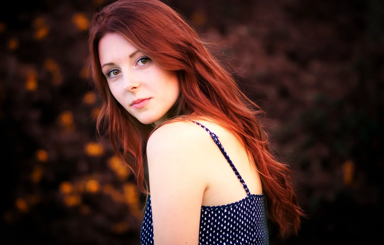 Photo wallpaper eyes, the sun, face, portrait, dress, hairstyle, red, shoulders