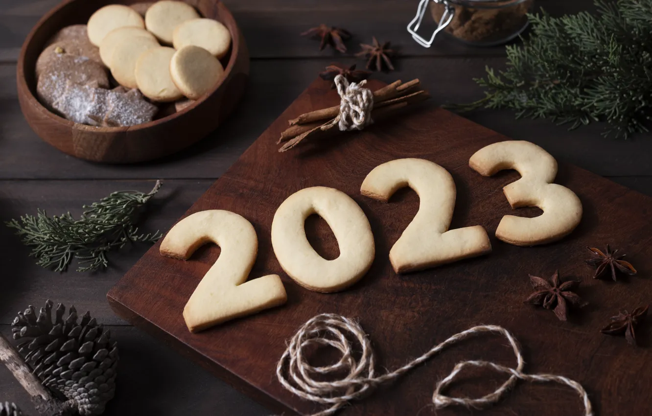 Photo wallpaper branches, table, holiday, Board, new year, rope, cookies, figures