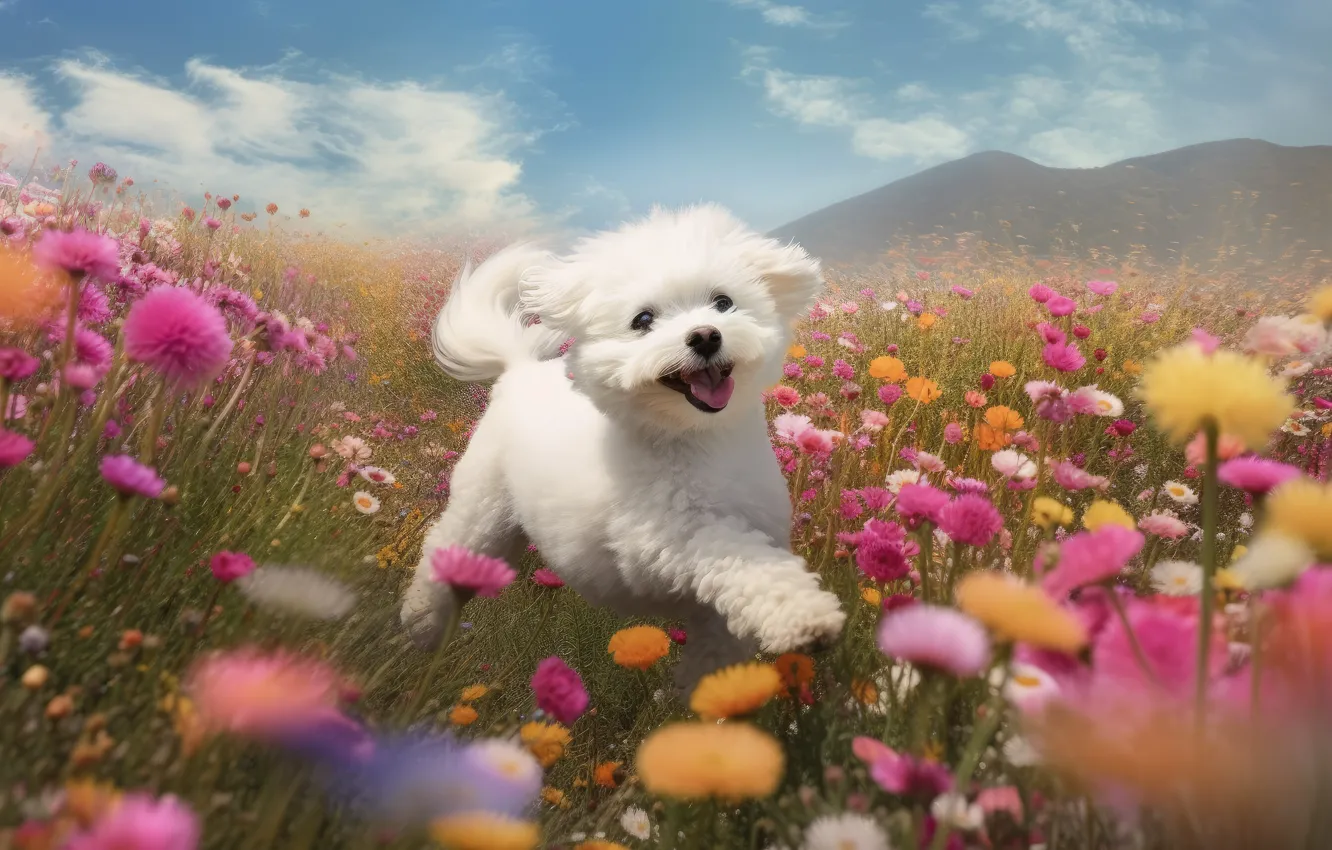 Photo wallpaper field, language, white, summer, clouds, flowers, mountains, rendering