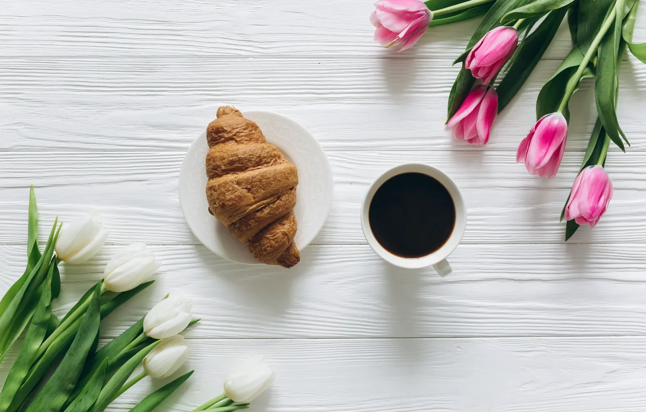 Photo wallpaper flowers, coffee, Breakfast, Cup, tulips, pink, white, heart