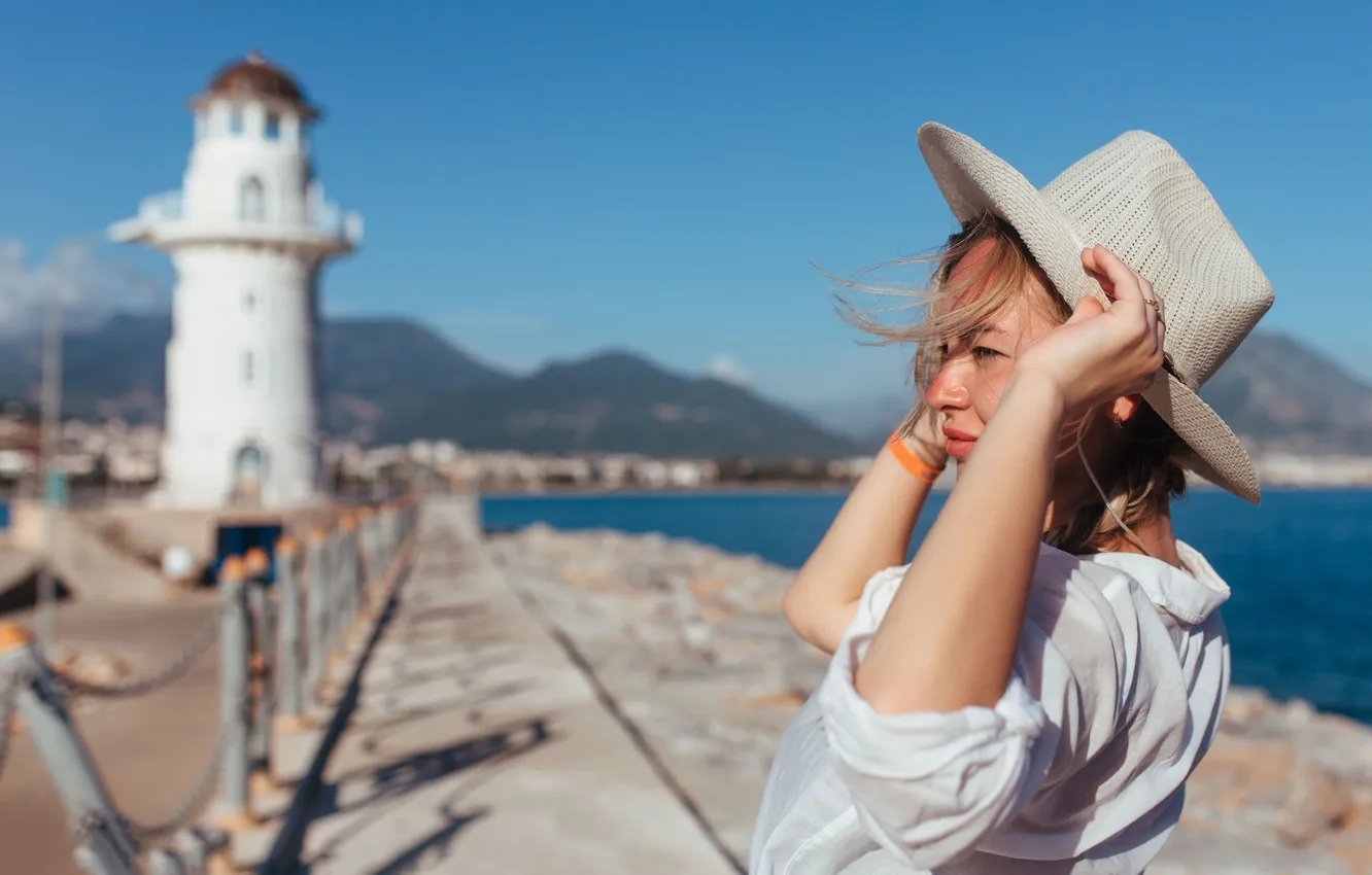 Photo wallpaper sea, model, lighthouse, hat, panorama, Ruslan Kid