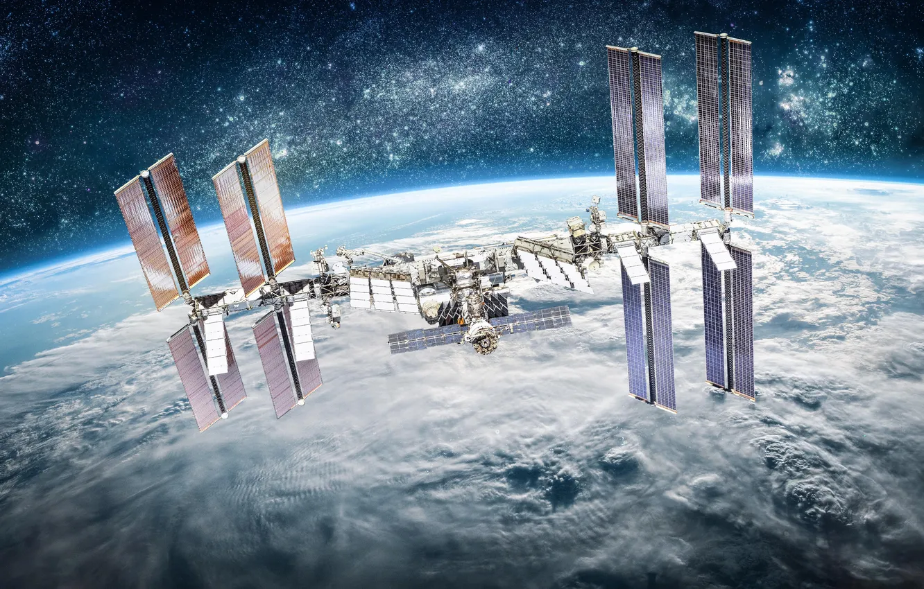 Photo wallpaper space, sun, spaceship, station, silhouette, space station, spacecraft