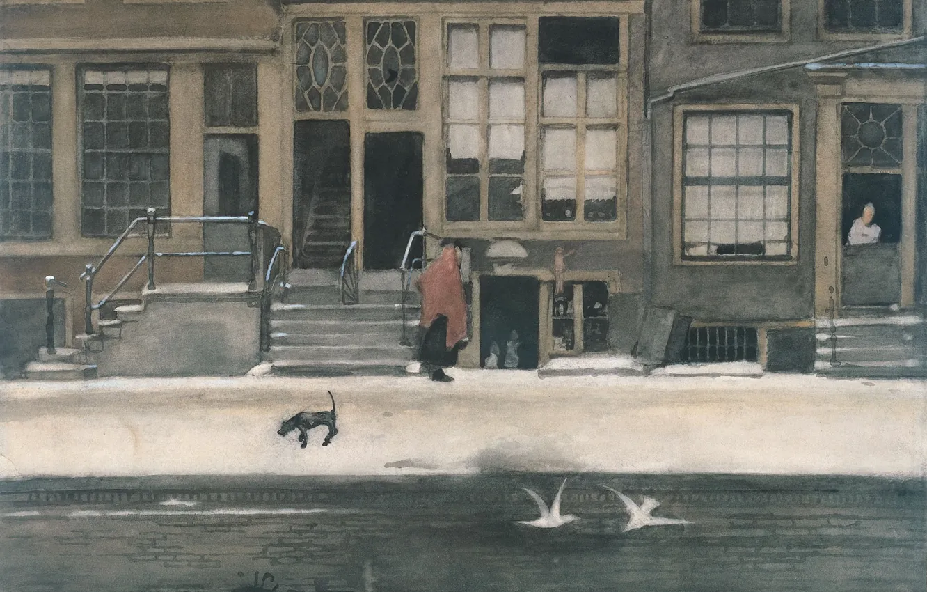 Photo wallpaper figure, watercolor, 1919, Willem Witsen, Willem Witsen, Kromboomsloot Channel in Amsterdam