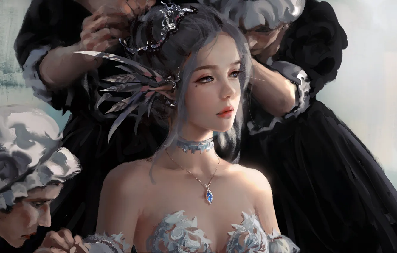 Photo wallpaper girl, fantasy, dress, blue eyes, lips, face, elf, digital art