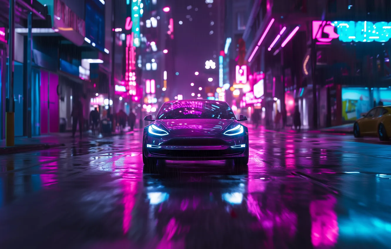 Photo wallpaper car, night, city lights, neon, purple, driving, headlights, motion blur