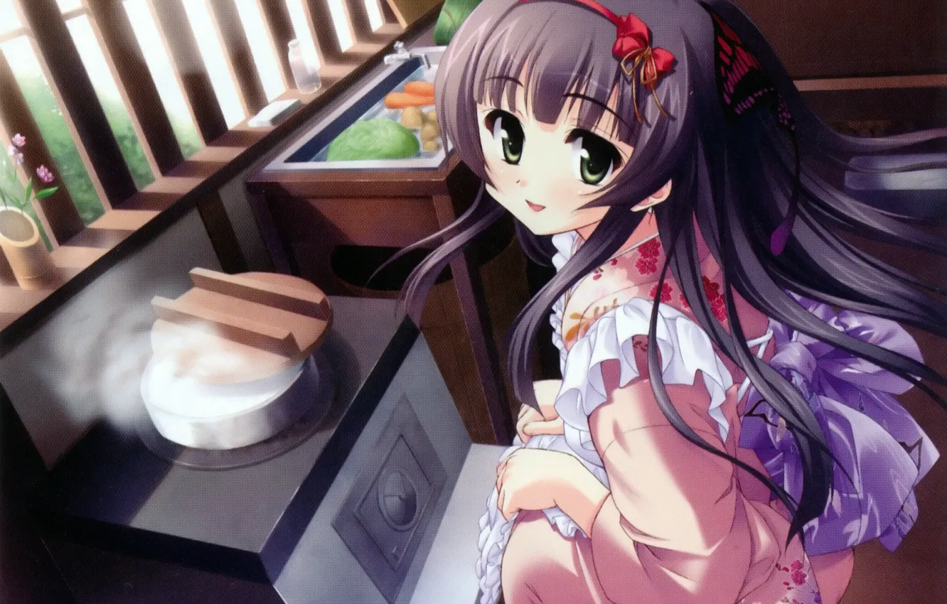 Photo wallpaper window, kitchen, yukata, vegetables, art, visual novel, hideyu tougarashi, rice cooker