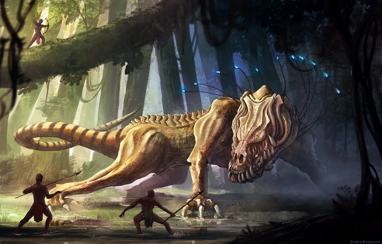 Photo wallpaper people, monster, art, spears, giant, savages