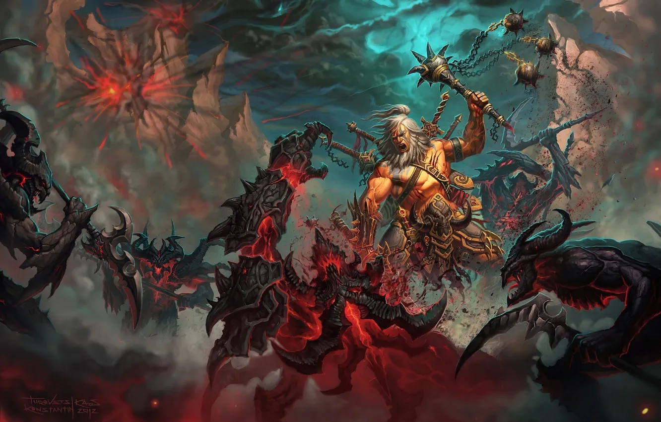 Photo wallpaper mountains, weapons, monster, art, battle, barbarian, Barbarian, Diablo3