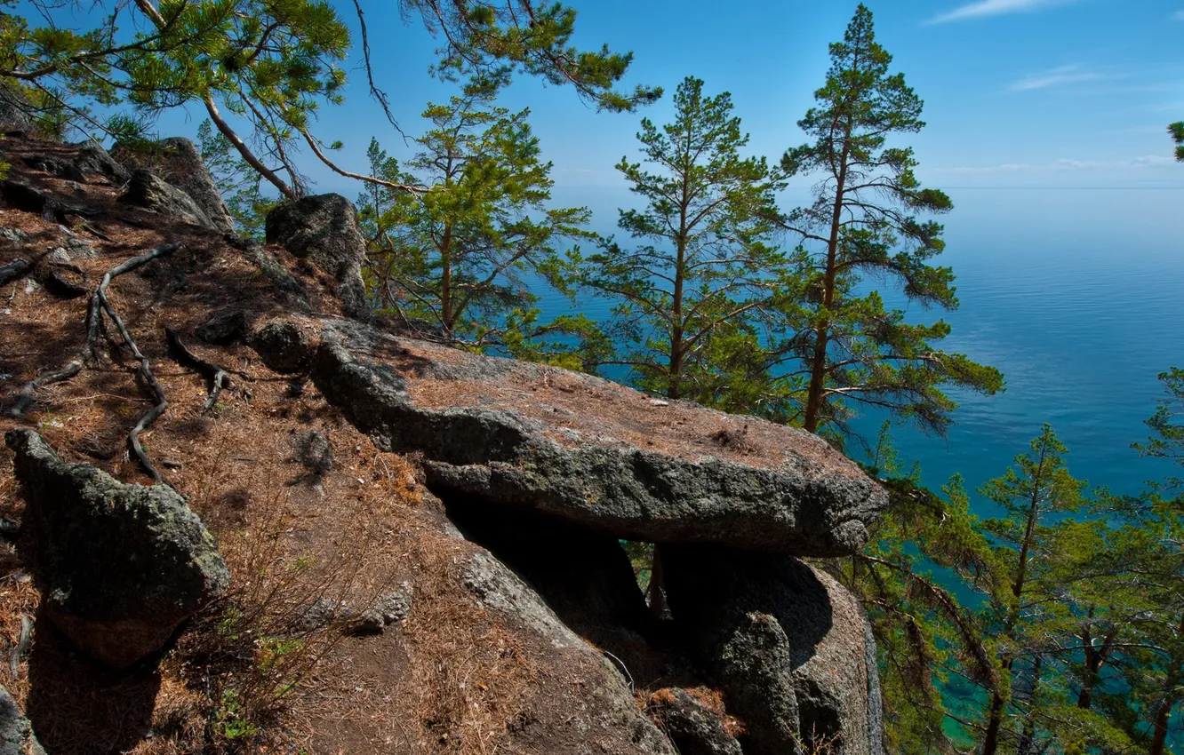 Photo wallpaper sea, the sky, trees, mountains, stones