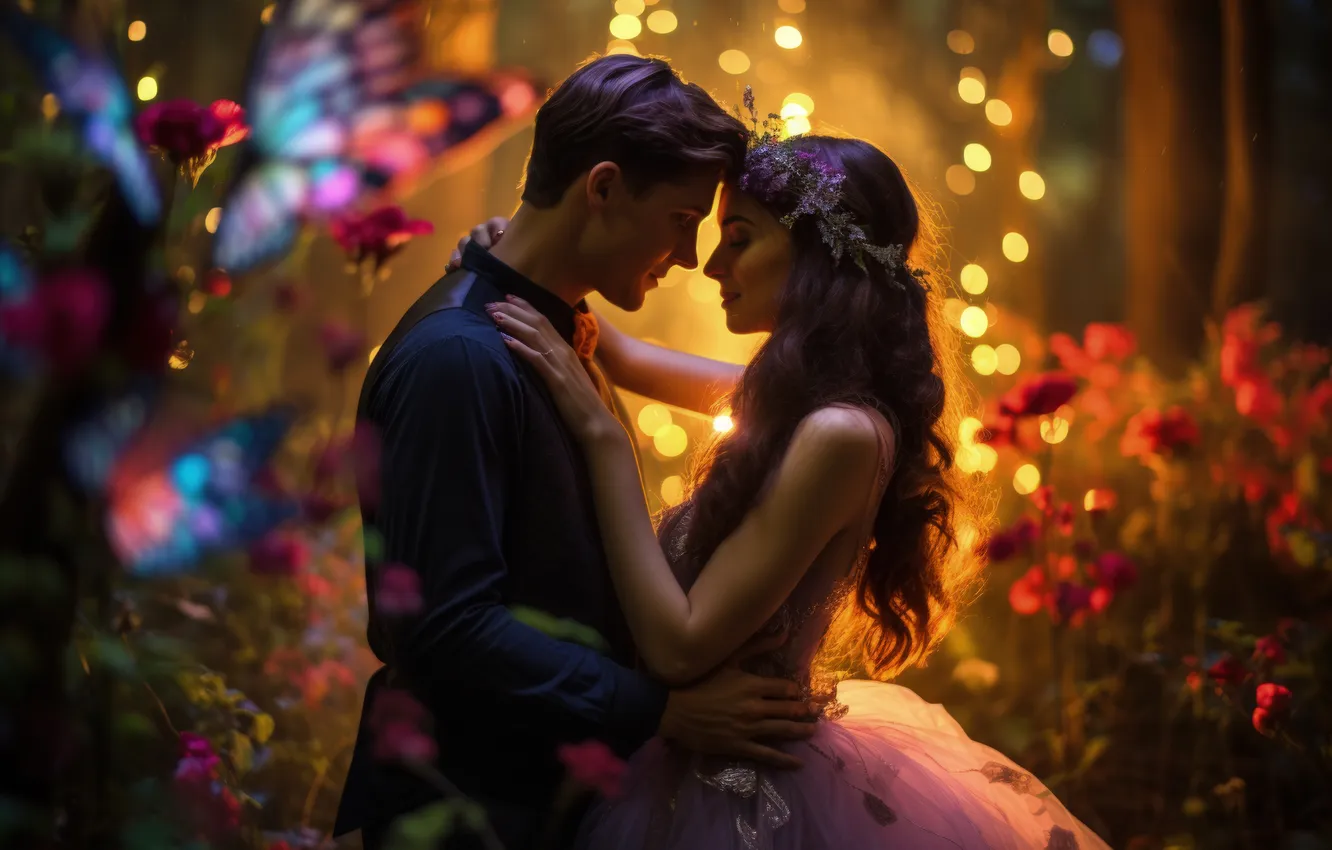 Photo wallpaper girl, love, flowers, guy, two, digital art, AI art, The Art of Artificial Intelligence