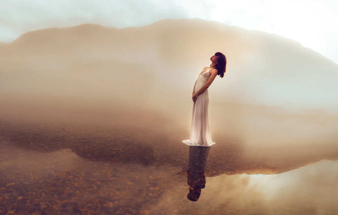 Photo wallpaper water, girl, lake, reflection, mood, dress