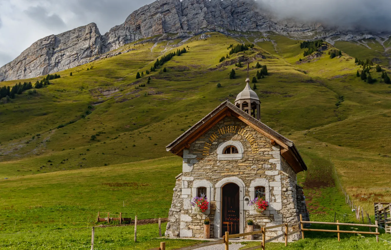 Photo wallpaper mountains, France, chapel, Savoie