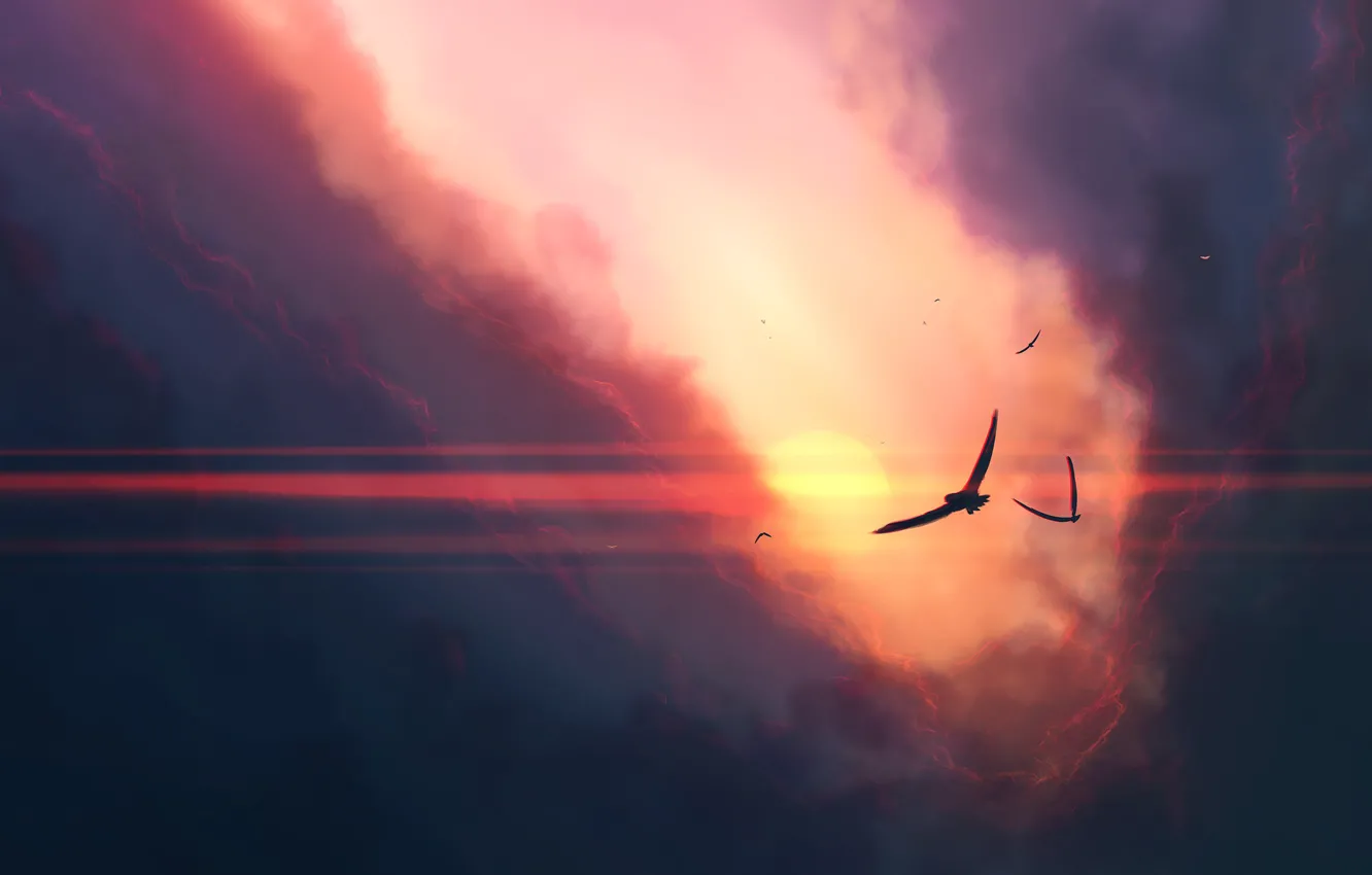 Photo wallpaper sky, sunset, art, clouds, birds, sun, artist, digital art