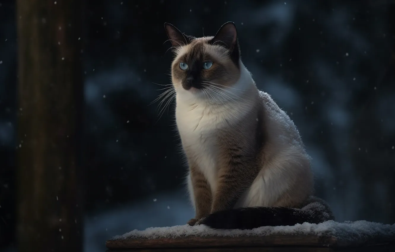 Photo wallpaper winter, forest, cat, cat, look, snow, night, nature