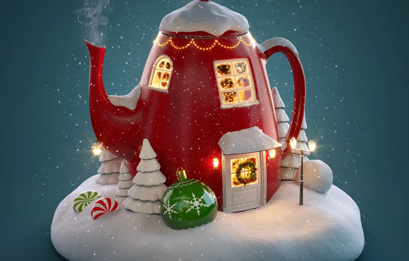 Photo wallpaper kettle, winter, snow, decoration, merry chrismas, holiday celebration