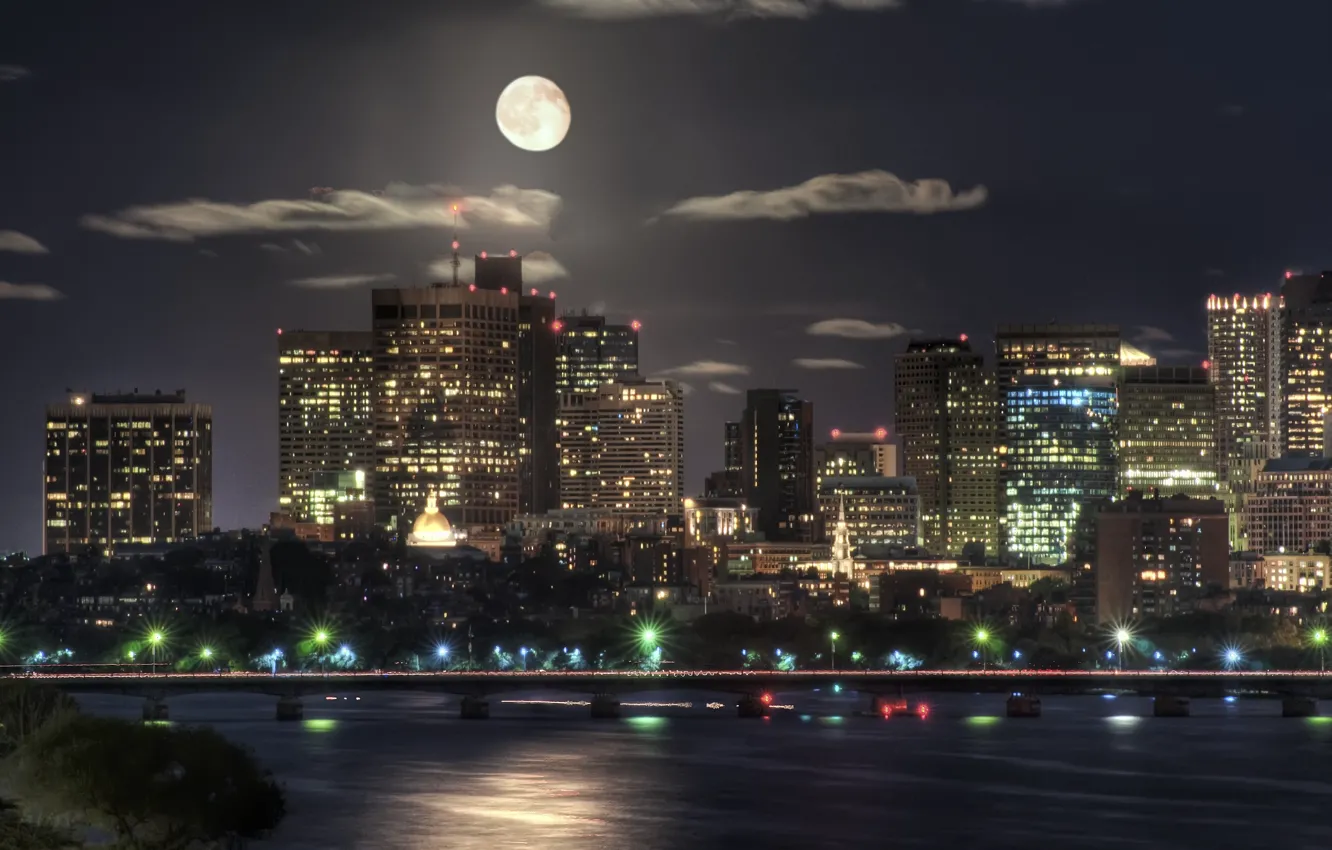 Photo wallpaper night, the moon, building, Moon, Boston