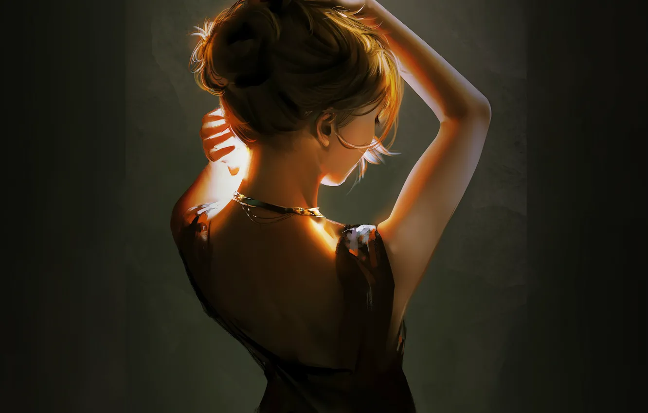 Photo wallpaper necklace, in the dark, portrait of a girl, from the back, hands above your head