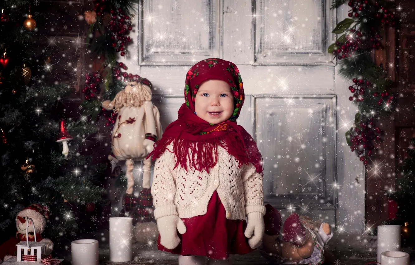 Photo wallpaper holiday, toys, new year, Christmas, candles, the door, girl, tree