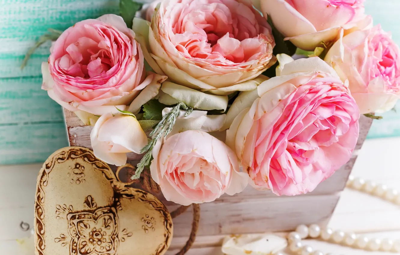 Photo wallpaper flowers, roses, bouquet, love, pink, vintage, heart, wood