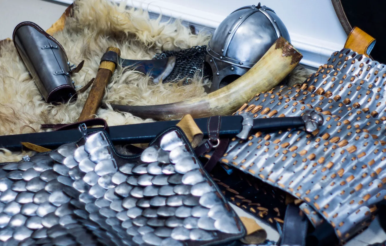 Photo wallpaper sword, skin, horns, Helmet of Gjermundbu, A Carolingian, Brodex, Lamellar armor, Of serir