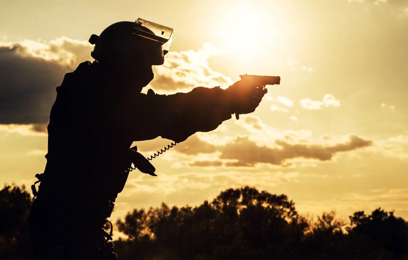 Photo wallpaper gun, blur, silhouette, fighter, bokeh, special forces, wallpaper., special forces
