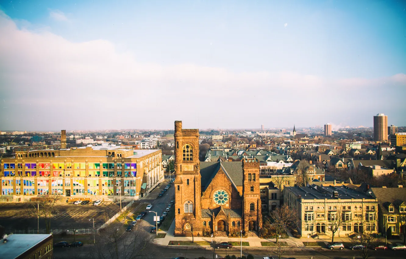 Photo wallpaper the sky, clouds, street, horizon, Wisconsin, Milwaukee, United States, St Paul's Church